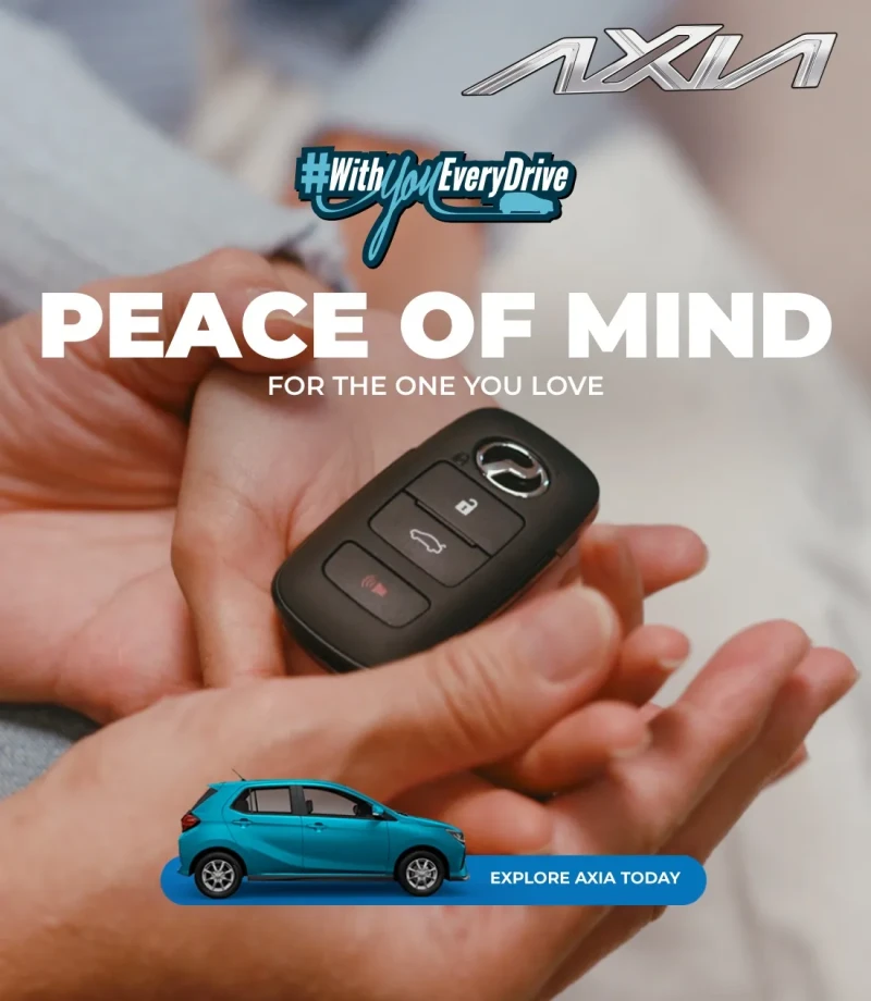 Perodua car near simple architecture, a minimal brand setting.